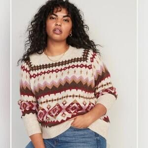 Old Navy Women's Geometric Sweater - Cream, Brown, and Pink